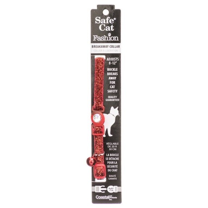 Safe Cat Jeweled Adjustable Breakaway Cat Collar - Red Glitter - For Necks 8\