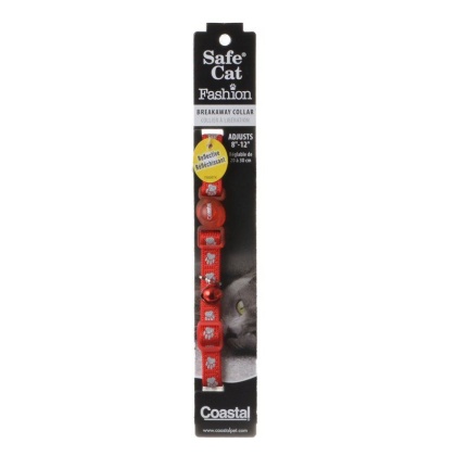 Safe Cat Reflective Adjustable Cat Collar - Paws Red - For Necks 8\