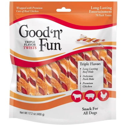 Healthy Hide Good\'n\' Fun Triple-Flavor Twists Regular Chicken, Pork and Beef Hide - 70 count