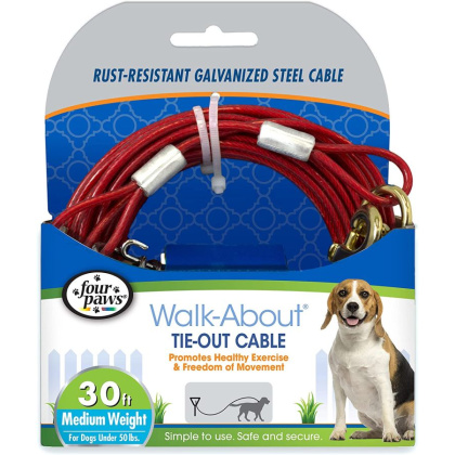 Four Paws Dog Tie Out Cable - Medium Weight - Red - 30\
